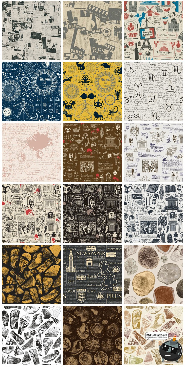 复古怀旧手绘元素插画无缝图案装饰底纹背景AI矢量JPG图片素材