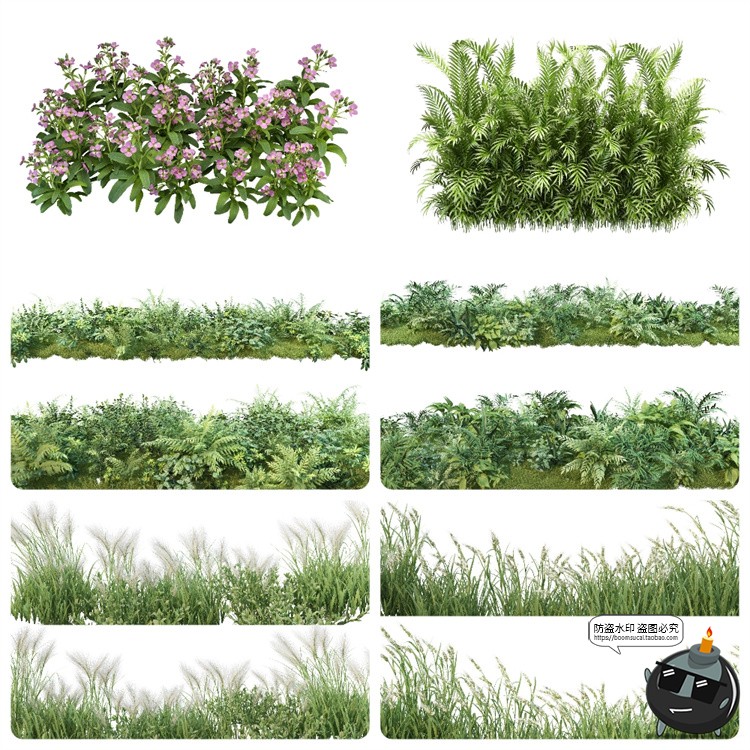 绿色草本草丛植物花叶子园林景观后期合成PSD模板分层源文件素材