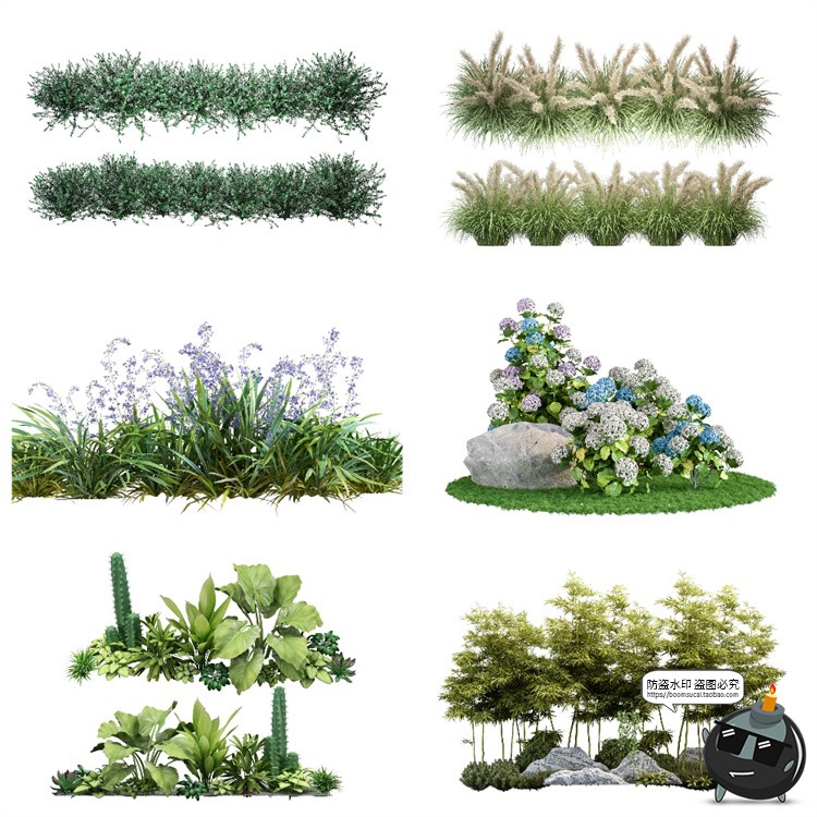 绿色草本草丛植物花叶子园林景观后期合成PSD模板分层源文件素材