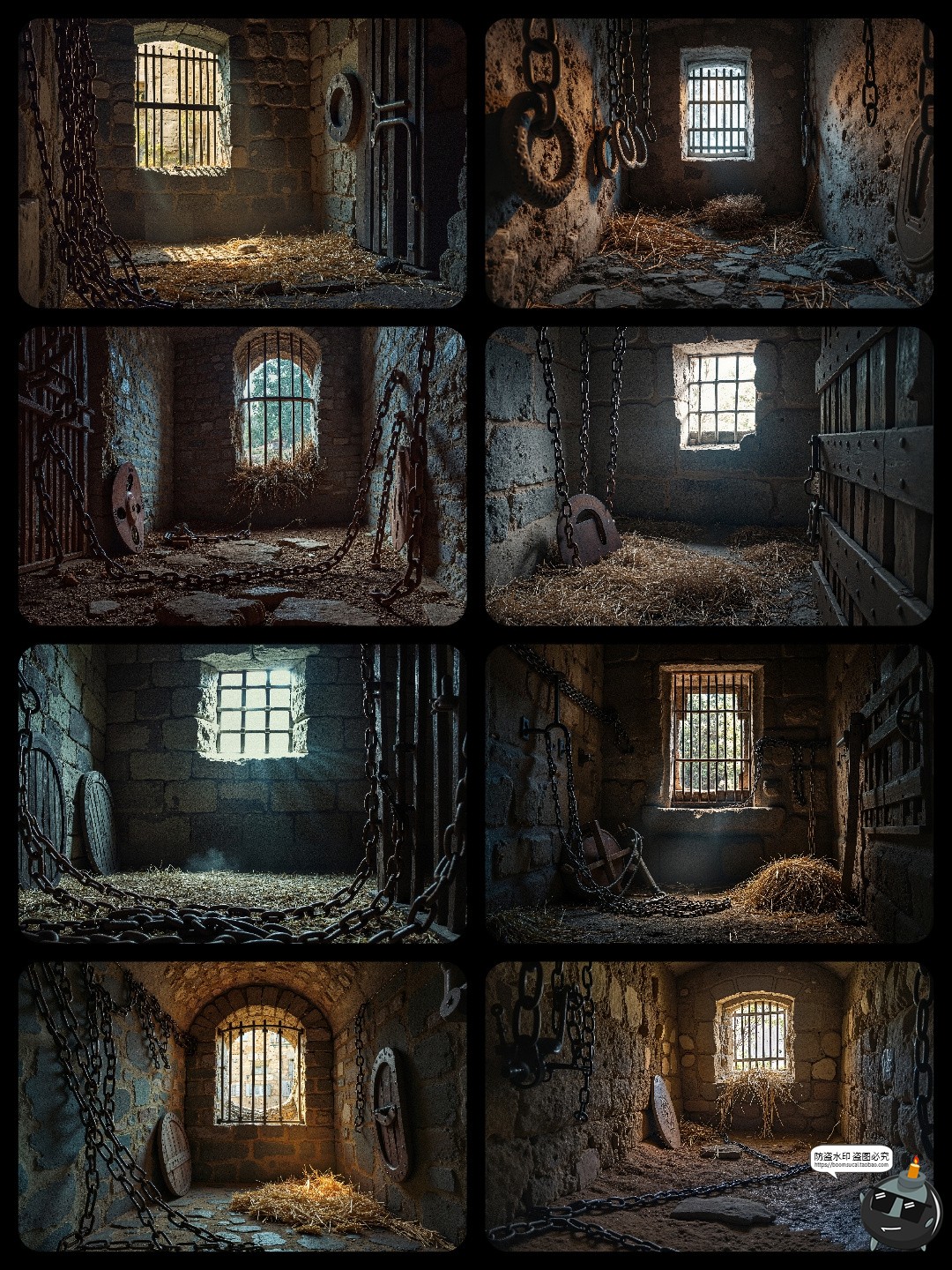 中世纪地牢铁锁链铁窗石墙铁窗古老囚室后期合成修图背景JPG素材-设计猿